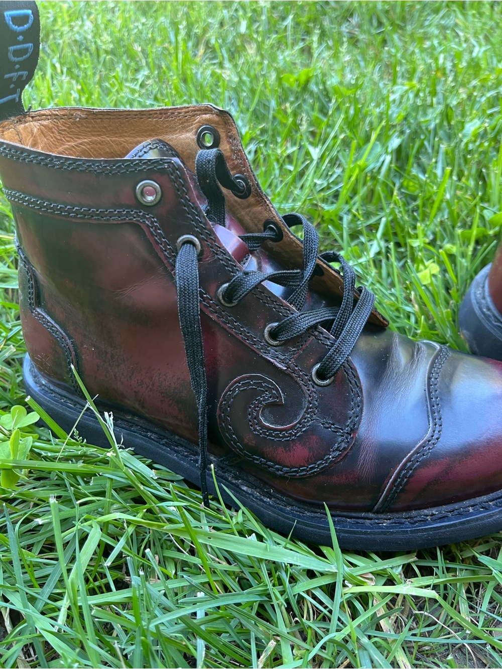 John Fluevog Burgundy Black Leather Combat Boots Size W8 (UR Powerful) - Picture 8 of 10